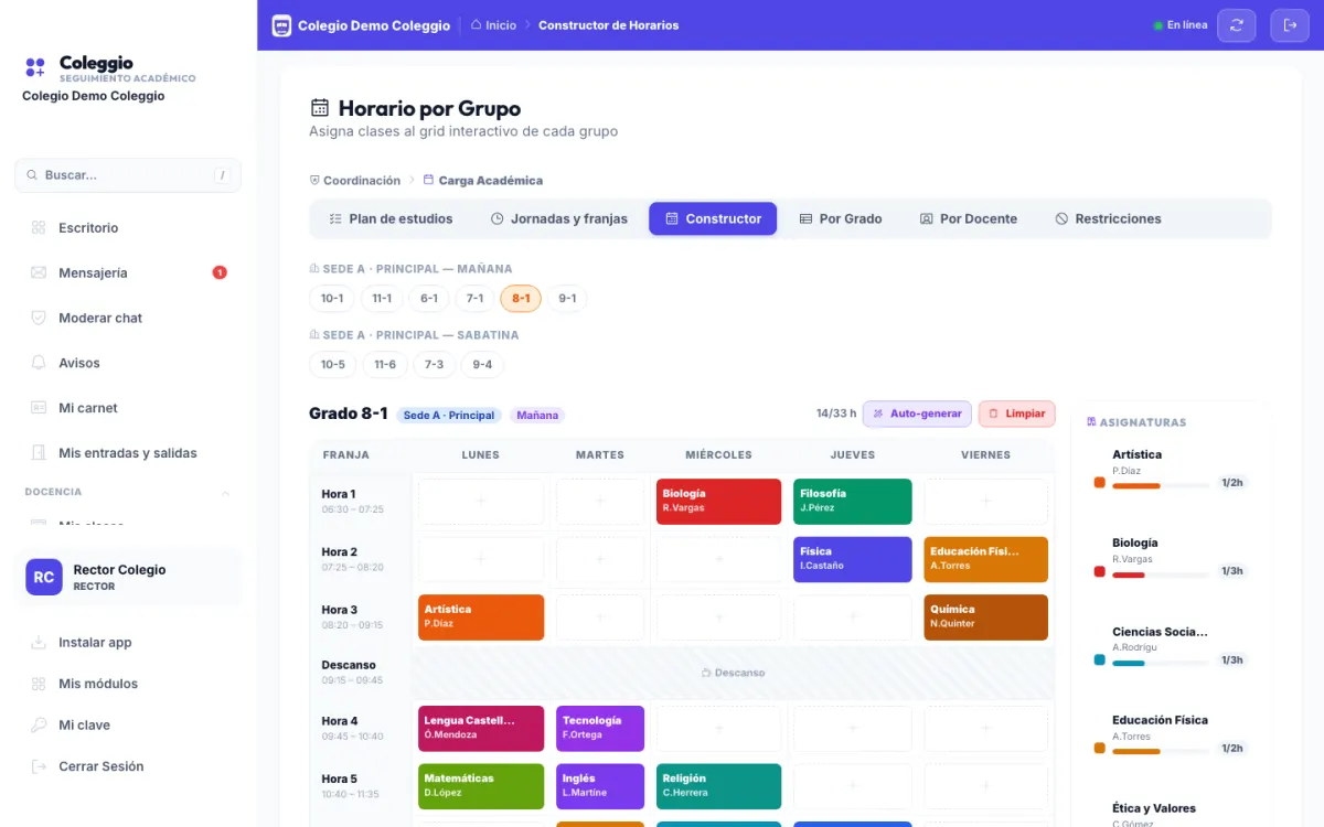 Constructor de horarios de Coleggio: grilla semanal del grupo 8-1 con asignaturas de colores y botón de autogenerar