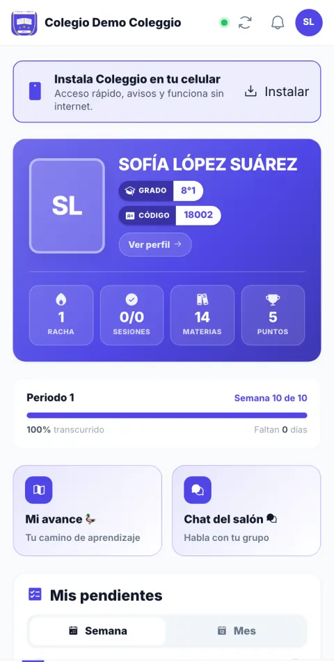 Portal del estudiante en Coleggio en el celular: racha, materias, puntos, avance y pendientes