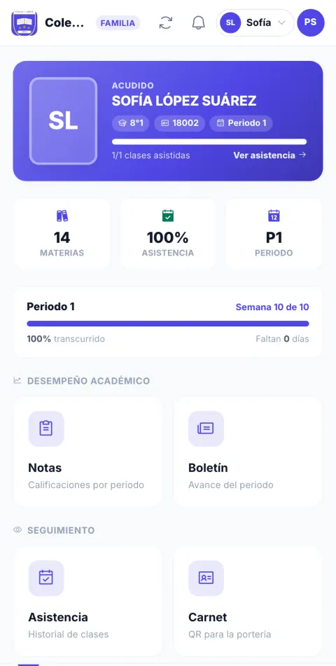 Portal de familias de Coleggio en el celular: datos de la estudiante, materias, asistencia y periodo en curso